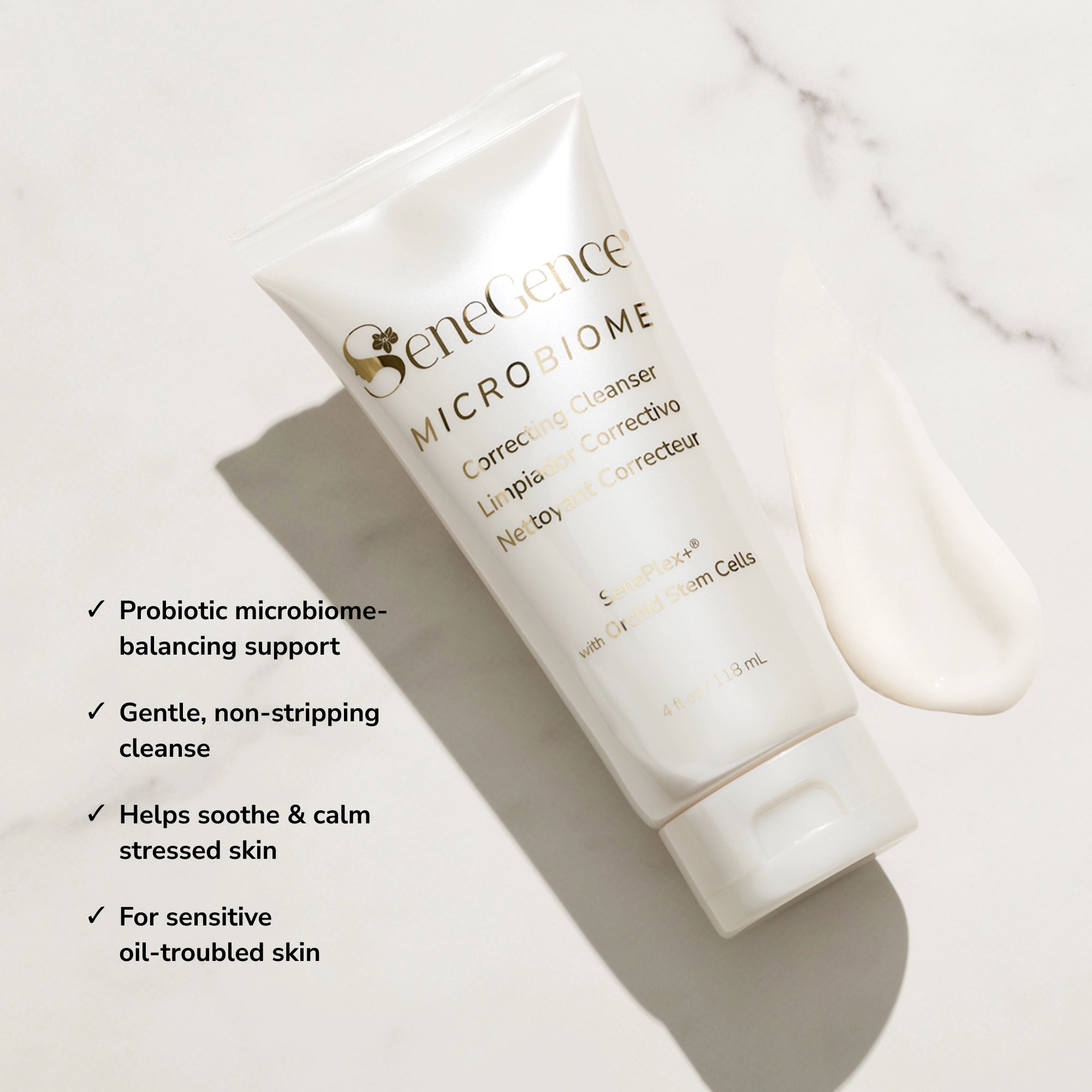 Official SeneGence product image for Microbiome Correcting Cleanser. The package label reads “SeneGence Microbiome Correcting Cleanser,” “SenePlex+® with Orchid Stem Cells,” and “4 fl oz / 118 mL.” Visible claim bullets read: “Probiotic microbiome-balancing support”; “Gentle, non-stripping cleanse”; “Helps soothe & calm stressed skin”; and “For sensitive oil-troubled skin.”