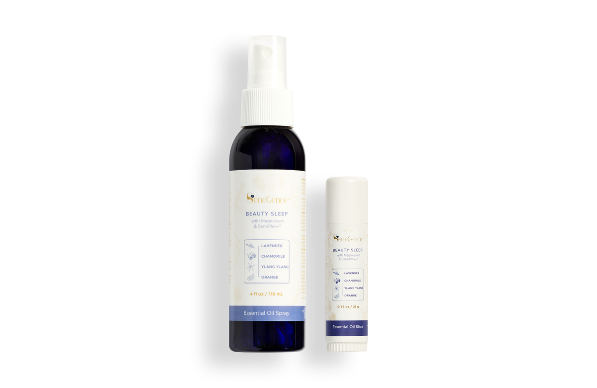 Beauty Sleep Wellness Duo by SeneGence: A dark spray bottle and a cream stick together.