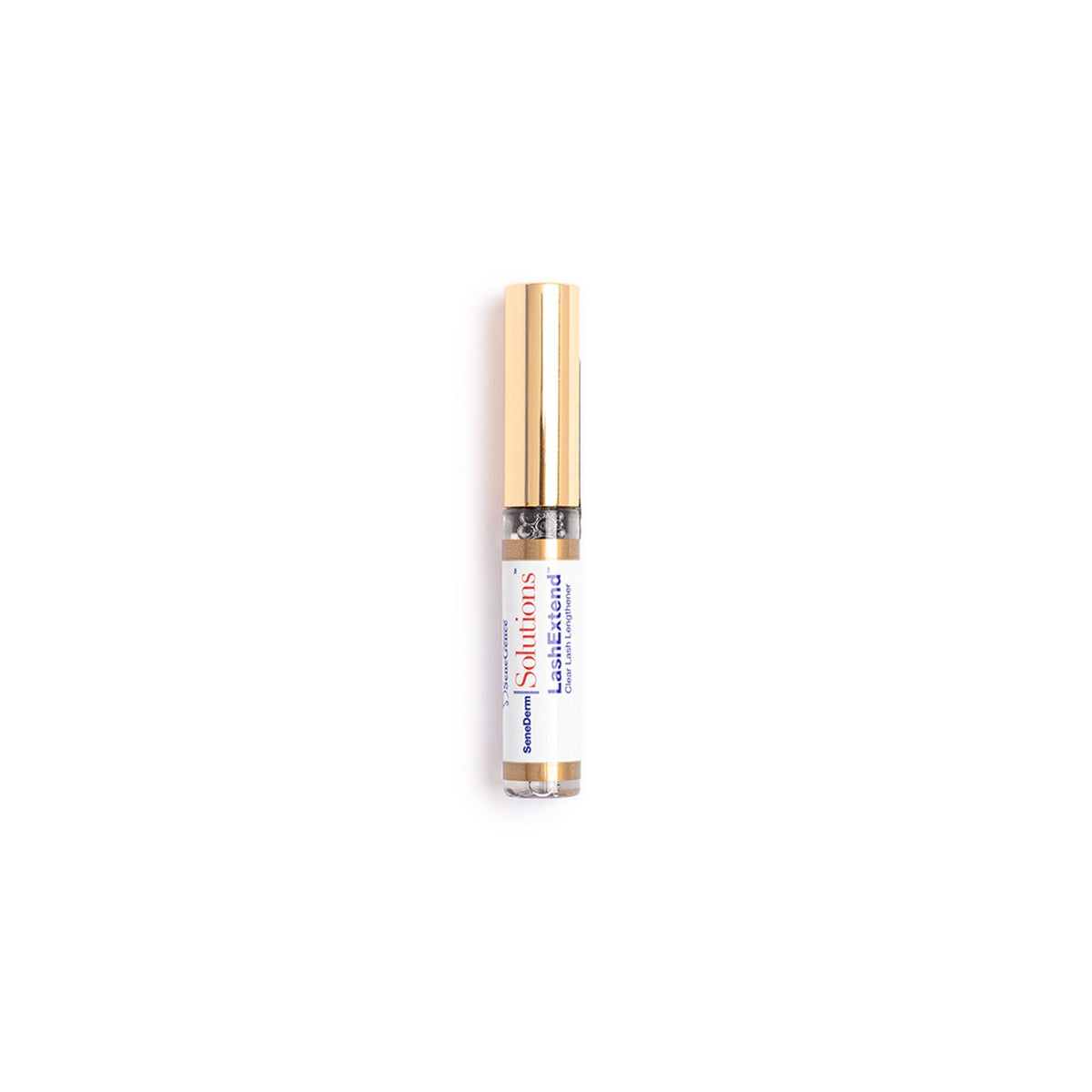 A small clear lash-treatment tube with a gold cap, LashExtend.