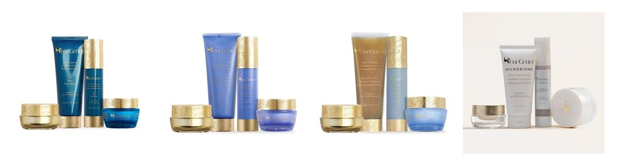 Four SeneGence skincare sets side by side: the Dry, Normal-Dry and Normal-Oily SkinCare Regimen Sets, each a cleanser tube and moisturizer bottle beside two gold-lidded jars, and the Microbiome SkinCare Regimen Set in white and gold.