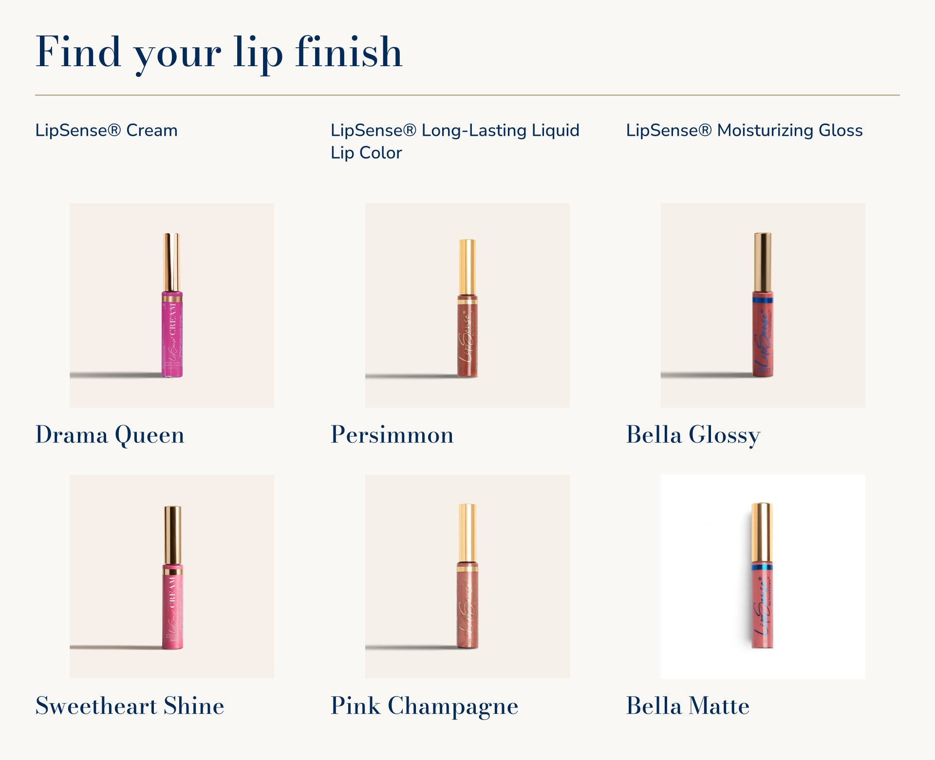 LipSense® Cream, Liquid Lip Color and Moisturizing Gloss by SeneGence, in six named shades.