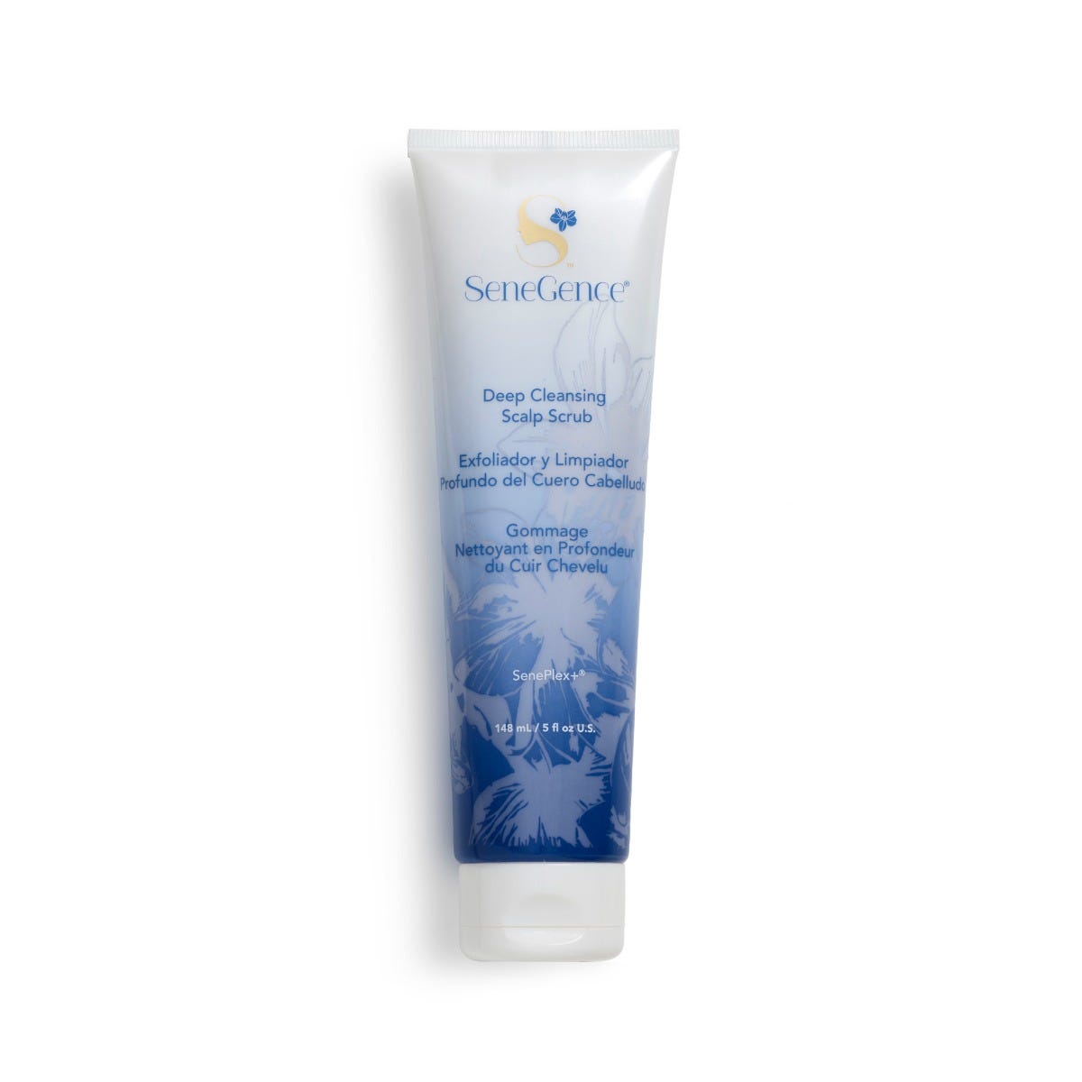 The white-and-blue SeneGence Deep Cleansing Scalp Scrub tube on a white background.