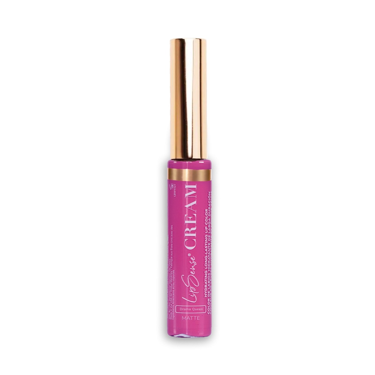 LipSense® Cream (formerly HydraMatte) by SeneGence: Drama Queen, a magenta tube printed CREAM beneath a smooth gold cap.