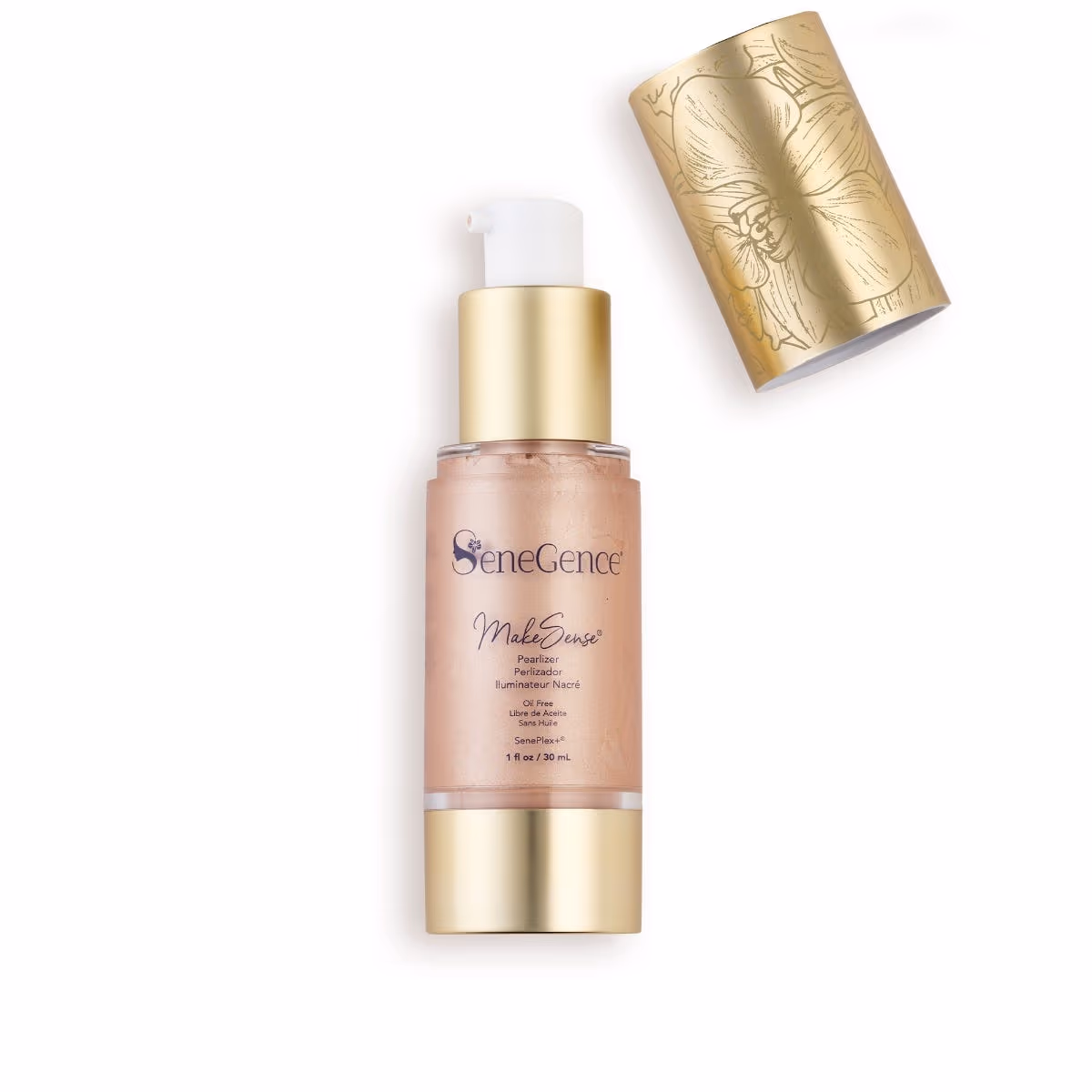 An uncapped MakeSense® Pearlizer pump bottle with its engraved gold cap beside it.