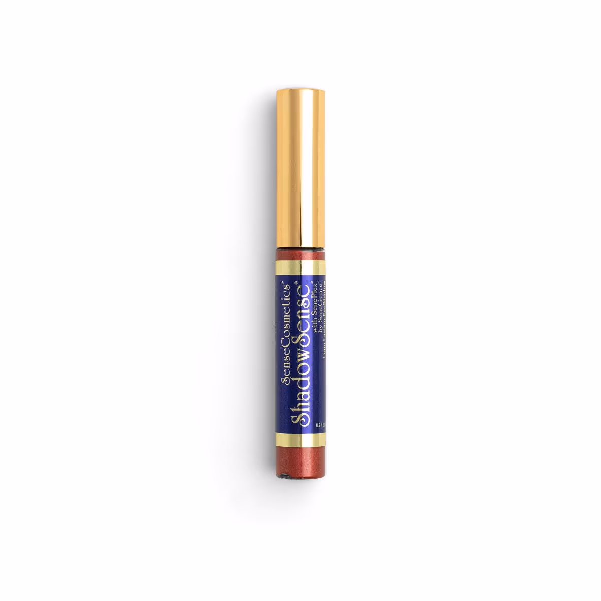 A gold-capped ShadowSense® tube with a blue label and reddish-brown eye color.