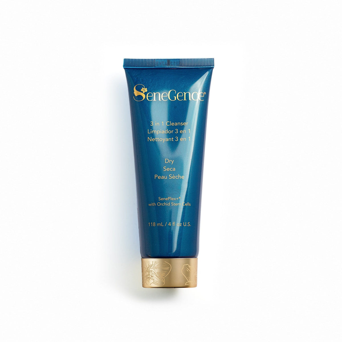 A blue SeneGence 3 in 1 Cleanser – Dry tube with a gold orchid-engraved cap.