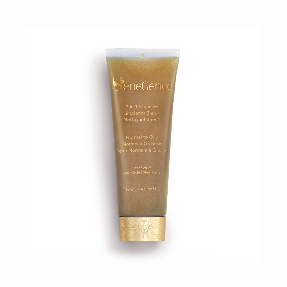 A gold-toned tube with a gold orchid-engraved cap, 3 in 1 Cleanser - Normal to Oily.
