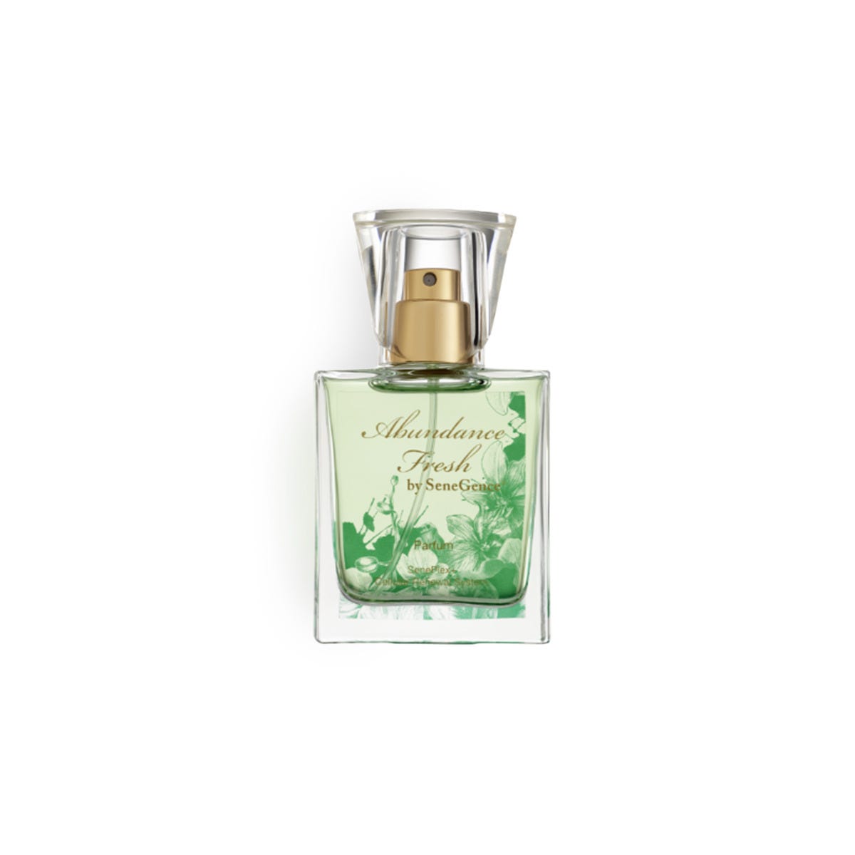A clear perfume bottle with a green floral design and clear cap, Abundance Fresh.