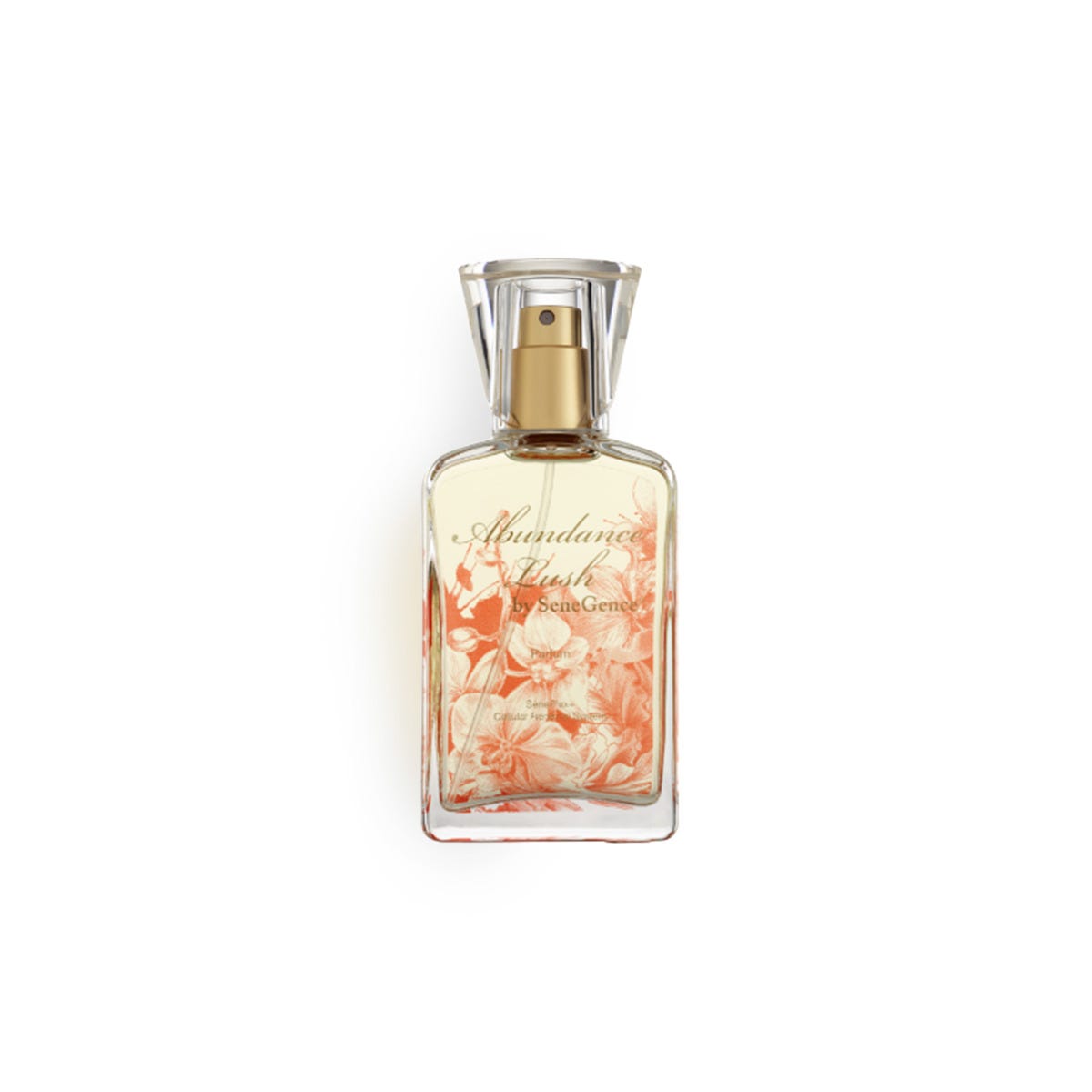 A clear perfume bottle with an orange floral design and clear cap, Abundance Lush.
