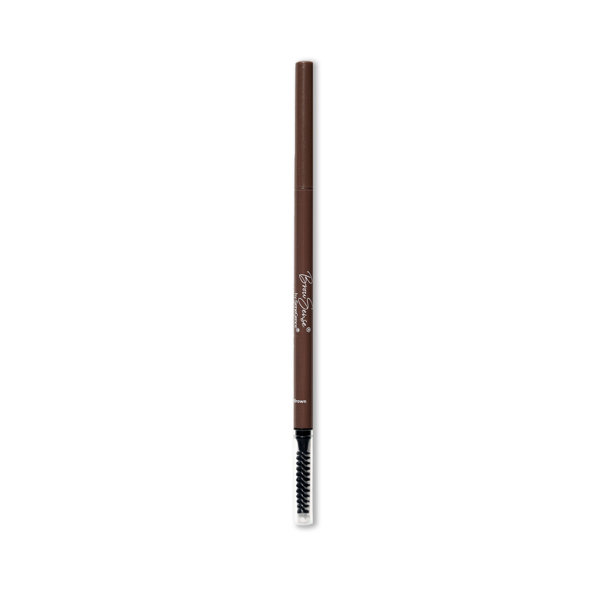 A brown brow pencil with an exposed spoolie, BrowSense® Long Lasting Brow Defining Pencil.