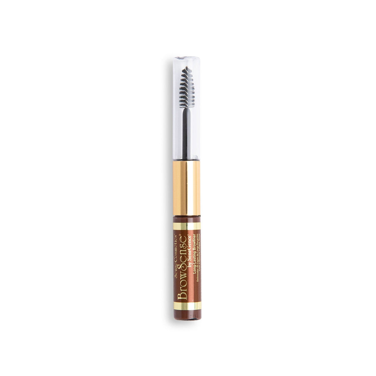 A slim tube with a brown labeled base, a gold middle section and a clear cap showing a spoolie wand, BrowSense® Liquid Brow Color.