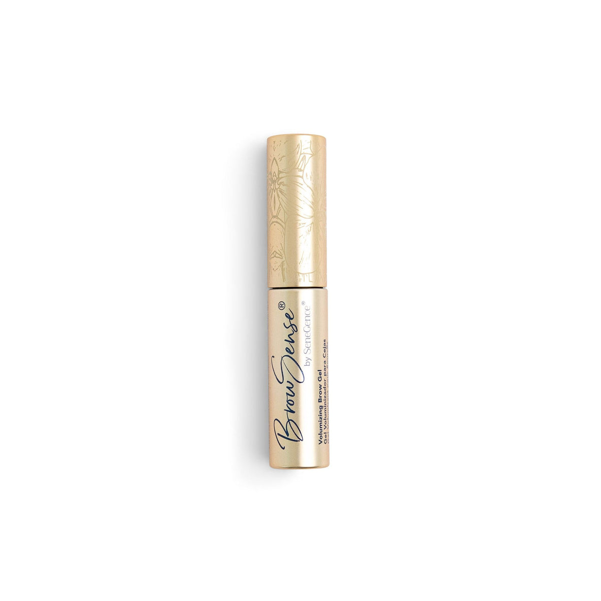A gold tube with an orchid-engraved cap, BrowSense® Volumizing Brow Gel.