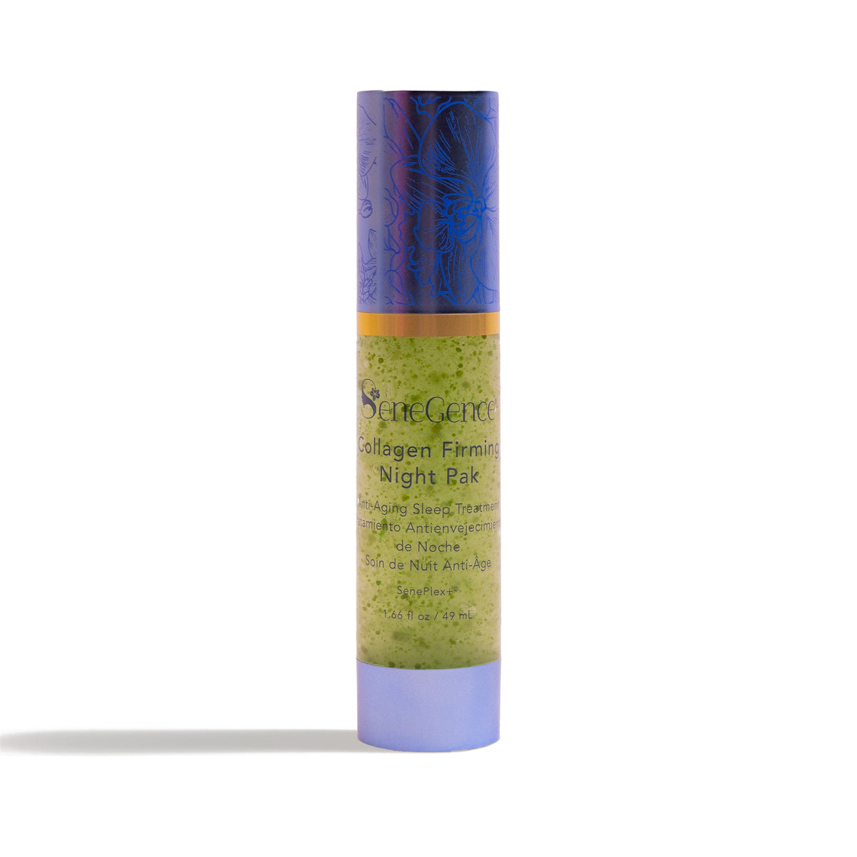 A clear bottle of green speckled gel with a gold band, a violet orchid-engraved cap and a lavender base, Collagen Firming Night Pak.