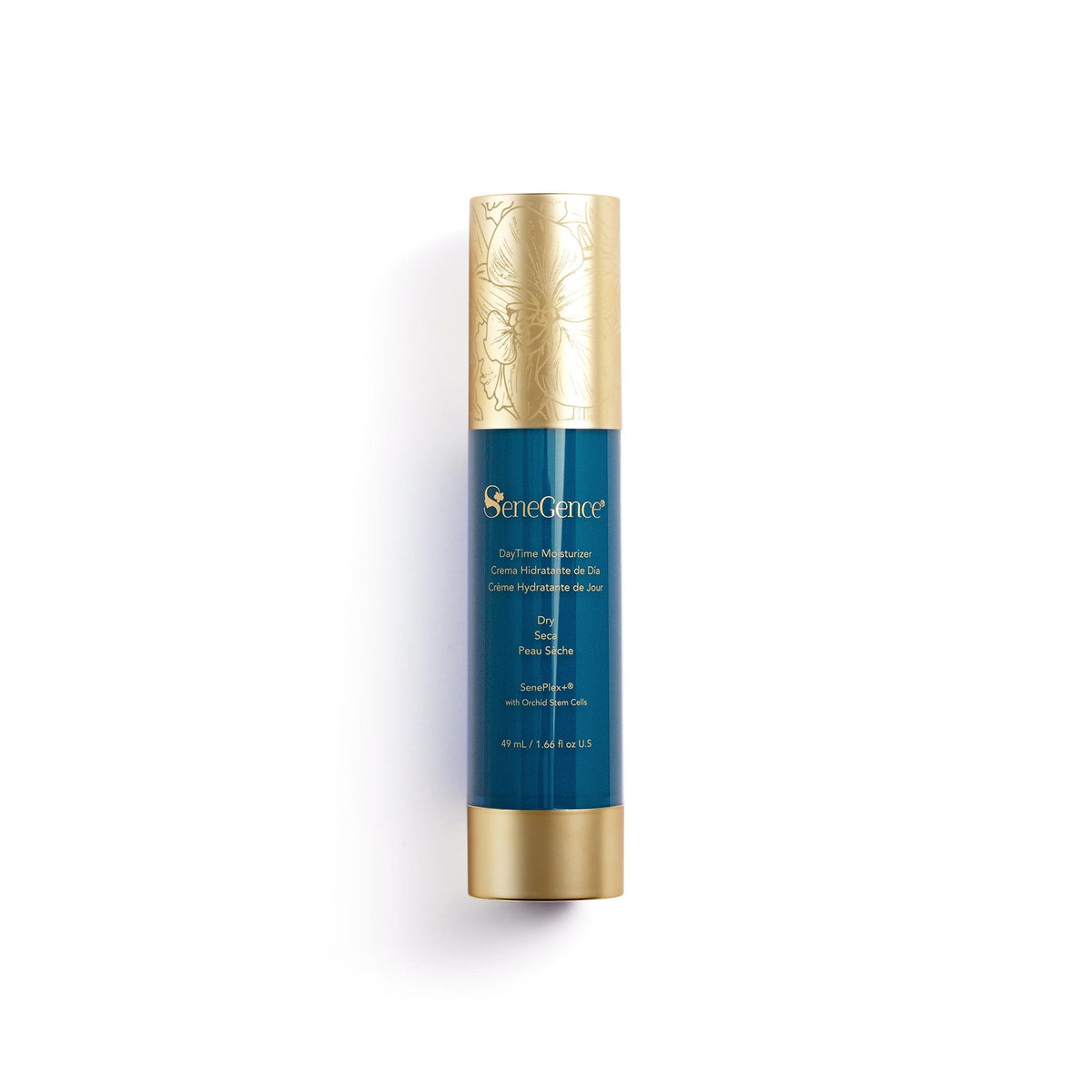 A teal bottle with an orchid-engraved gold cap and gold base, DayTime Moisturizer - Dry.