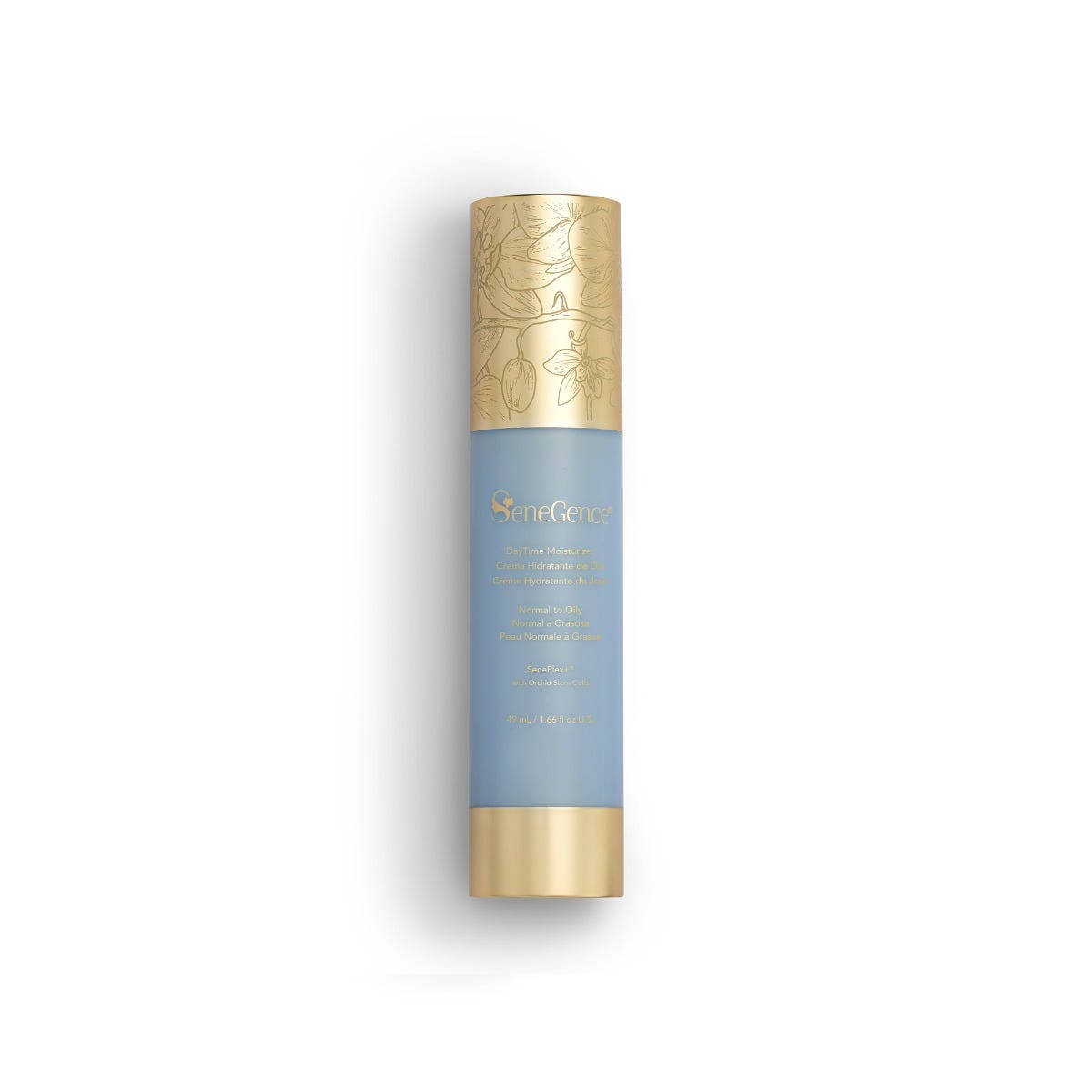 A pale blue bottle with an orchid-engraved gold cap and gold base, DayTime Moisturizer - Normal to Oily.