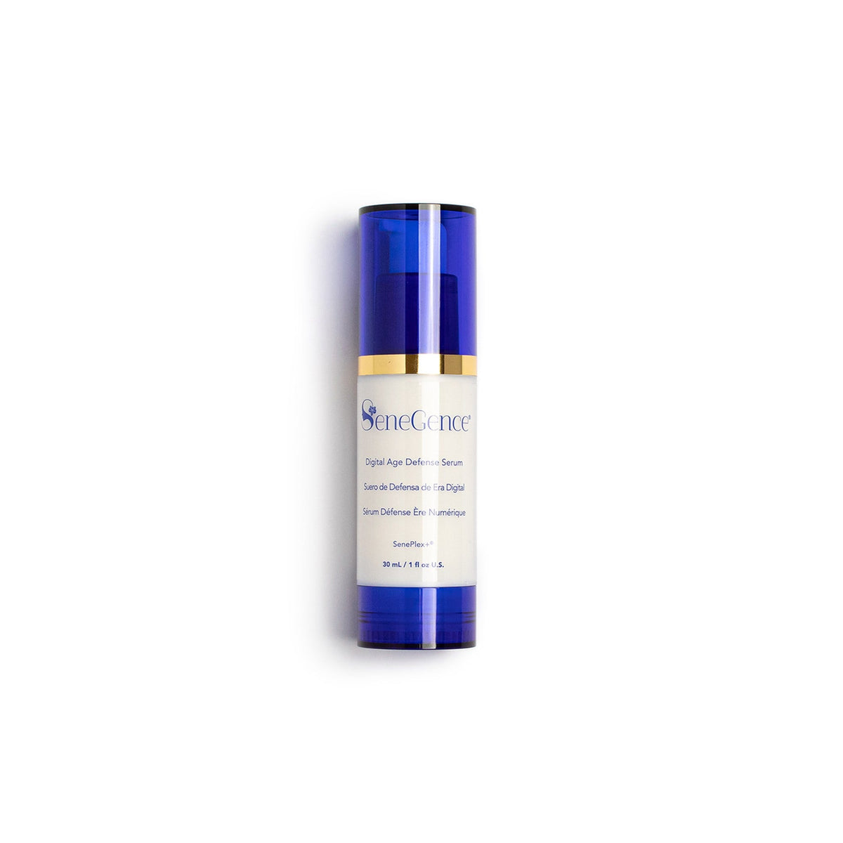 A white-labeled bottle with a blue cap and blue base, Digital Age Defense Serum.