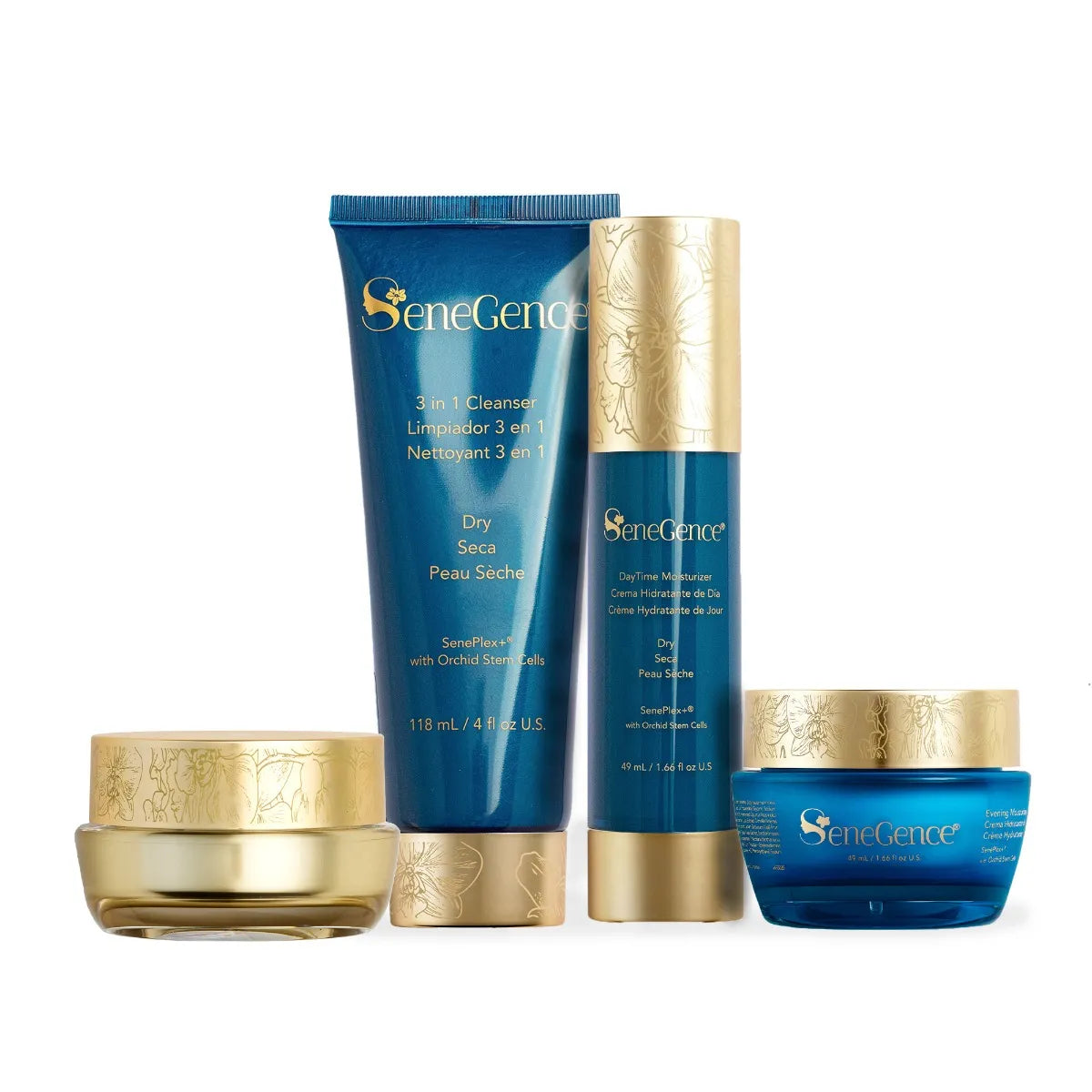 A skincare set with a teal cleanser tube and bottle beside two gold-lidded jars, Dry SkinCare Regimen Set.