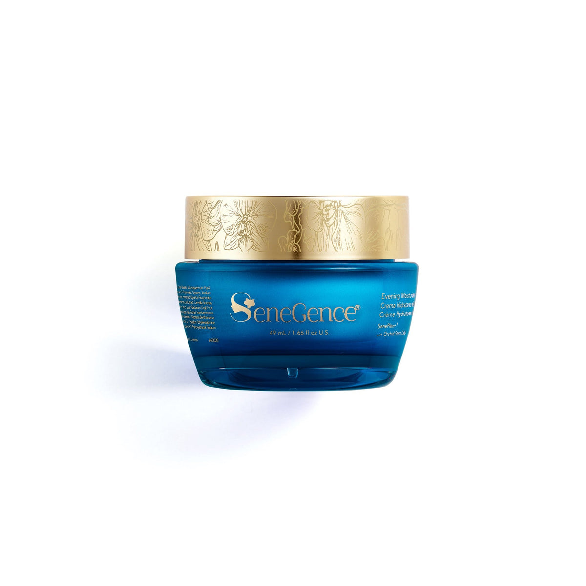 A teal jar with an orchid-engraved gold lid, Evening Moisturizer - Dry.