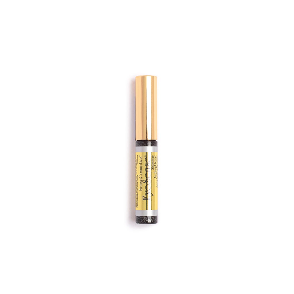 A small gold-capped tube of dark shimmering liquid eyeliner with a golden-yellow EyeSense Shimmer label, EyeSense® Long-Lasting Liquid Eye Liner.