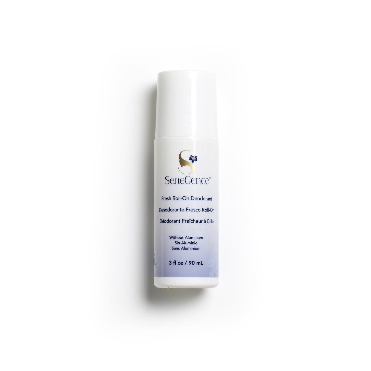 A white roll-on bottle with a white cap, Fresh Roll-On Deodorant.
