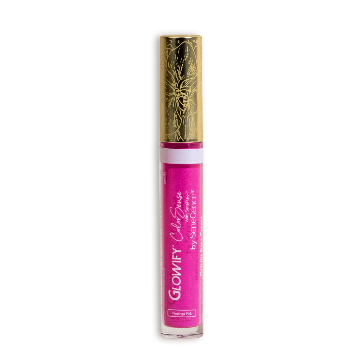 A clear tube of bright pink pigment with an orchid-engraved gold cap, Glowify ColorSense Multi-Use Cream Pigment.