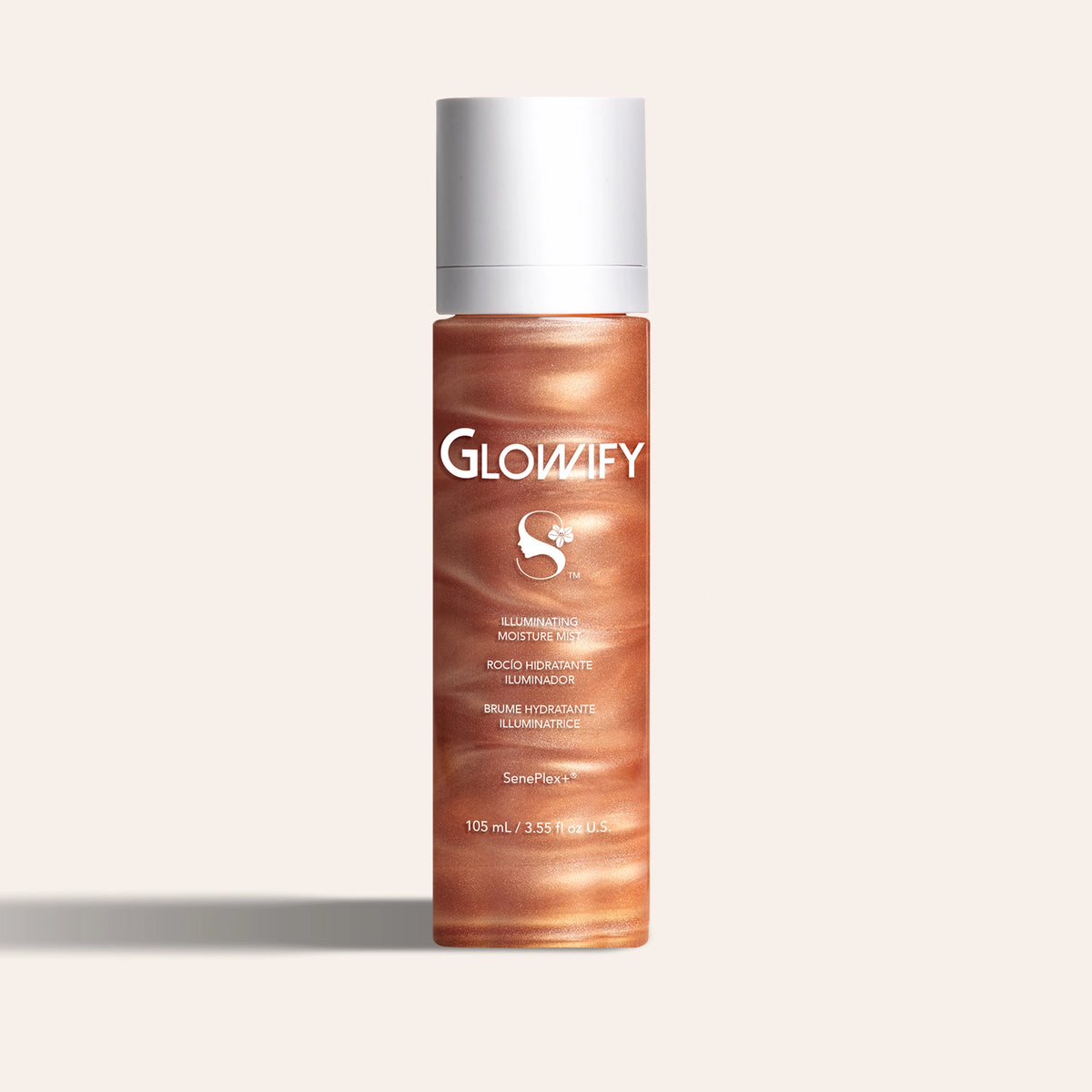 A tall clear bottle of swirling copper-bronze shimmer mist with white Glowify lettering and a matte white cap, Glowify® Illuminating Moisture Mist.