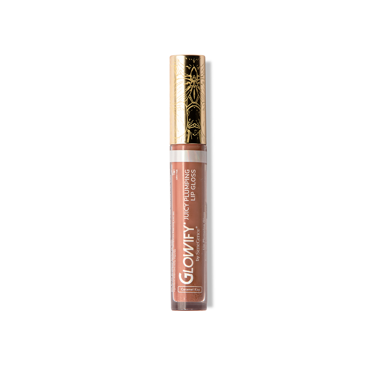 A clear tube of warm caramel-nude lip gloss with an orchid-engraved gold cap, Glowify® Juicy Plumping Lip Gloss.