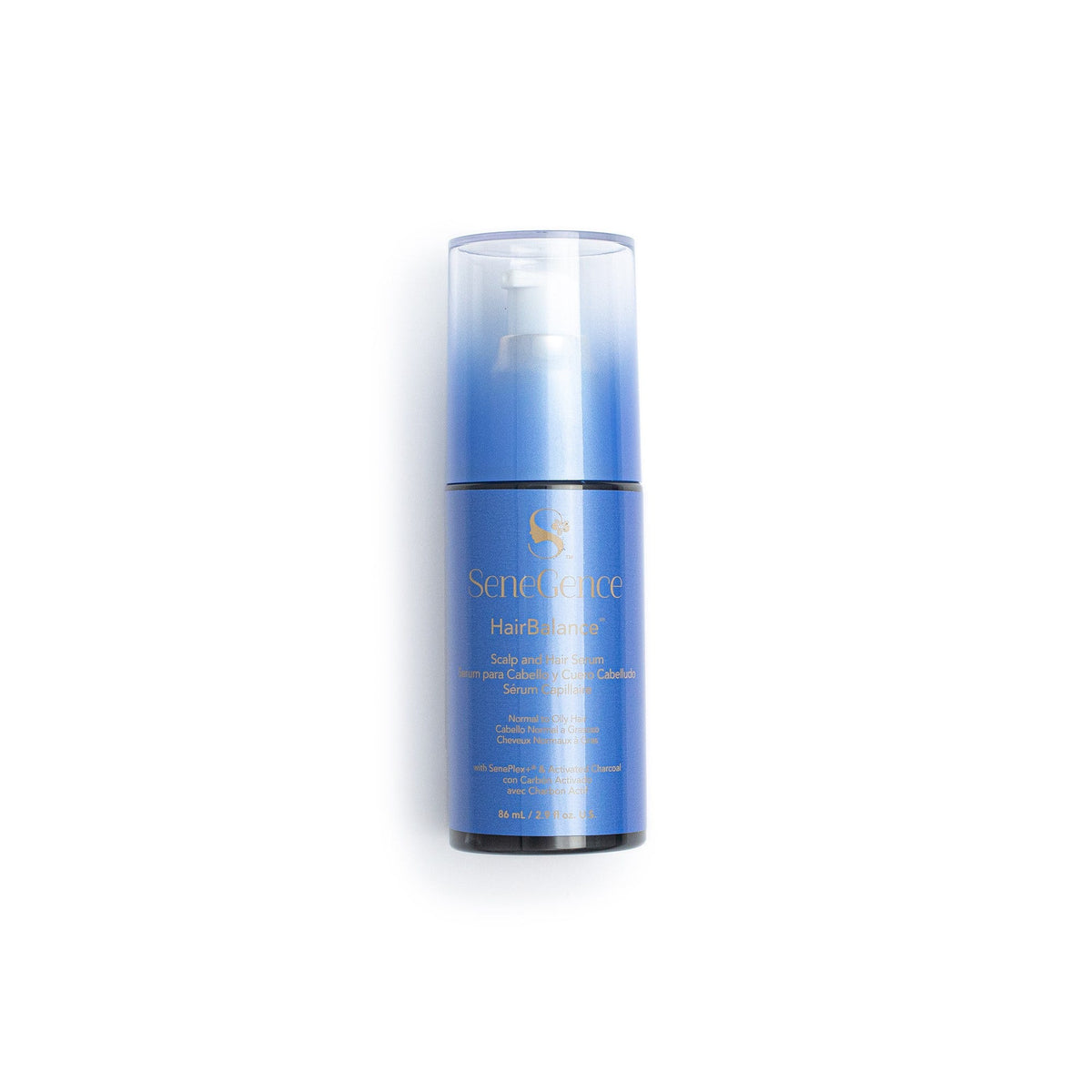 A blue serum bottle with a clear cap, HairBalance® Scalp & Hair Serum.