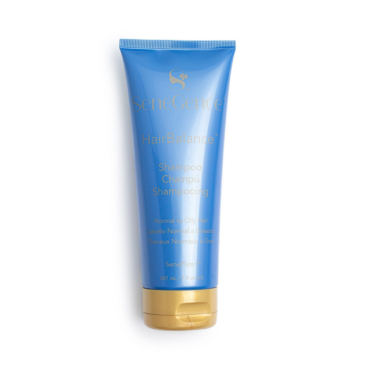 A blue shampoo tube with a gold flip cap, HairBalance® Shampoo.
