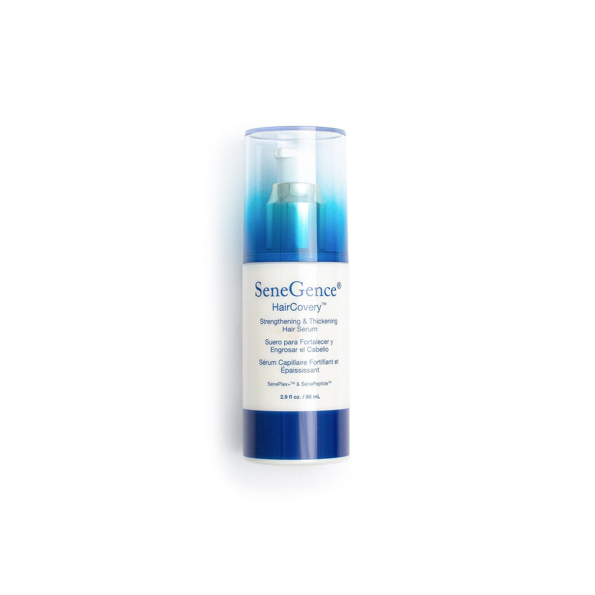 A blue-and-white serum bottle with a clear cap, HairCovery® Strengthening & Thickening Hair Serum.