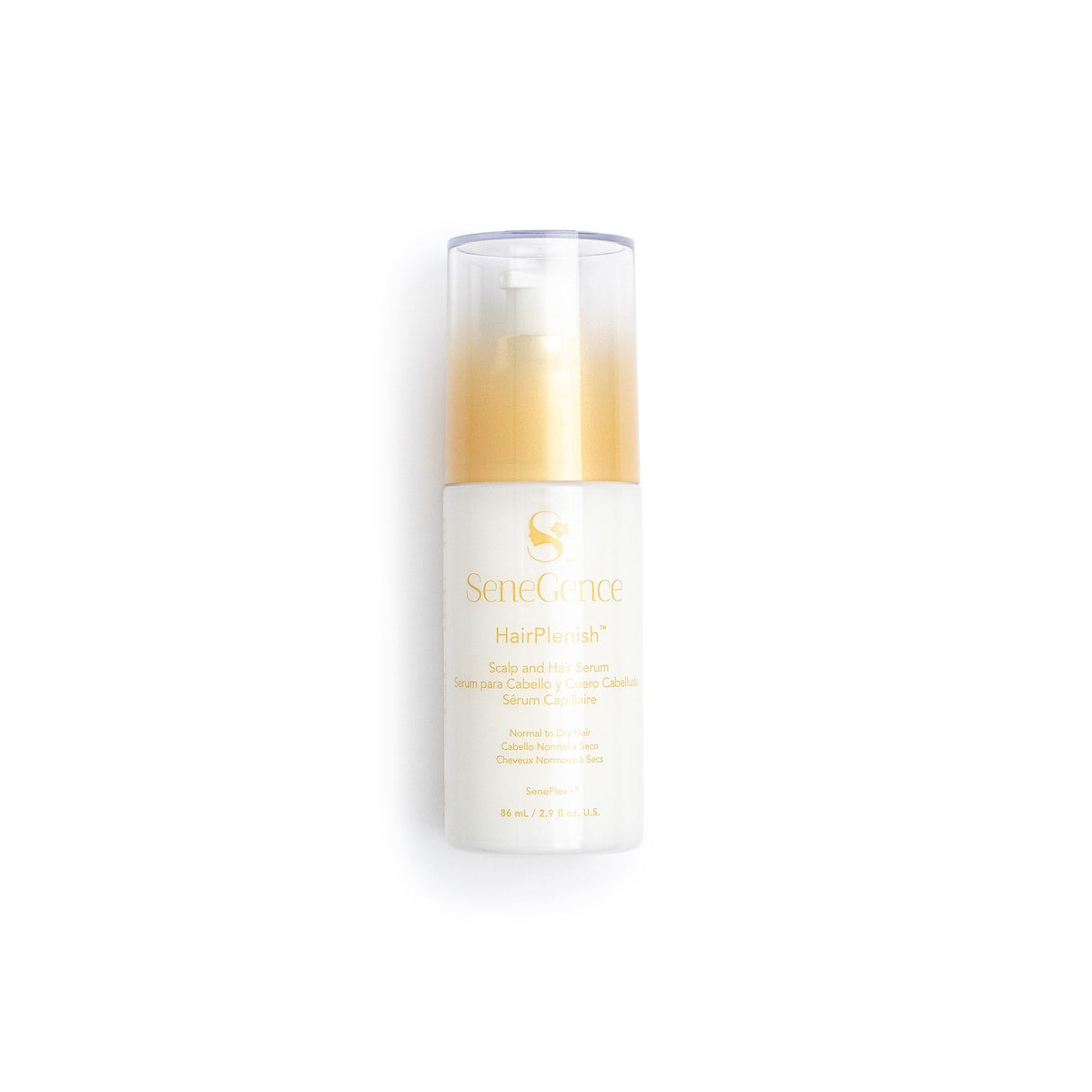 A white-and-gold serum bottle with a clear cap, HairPlenish® Scalp & Hair Serum.