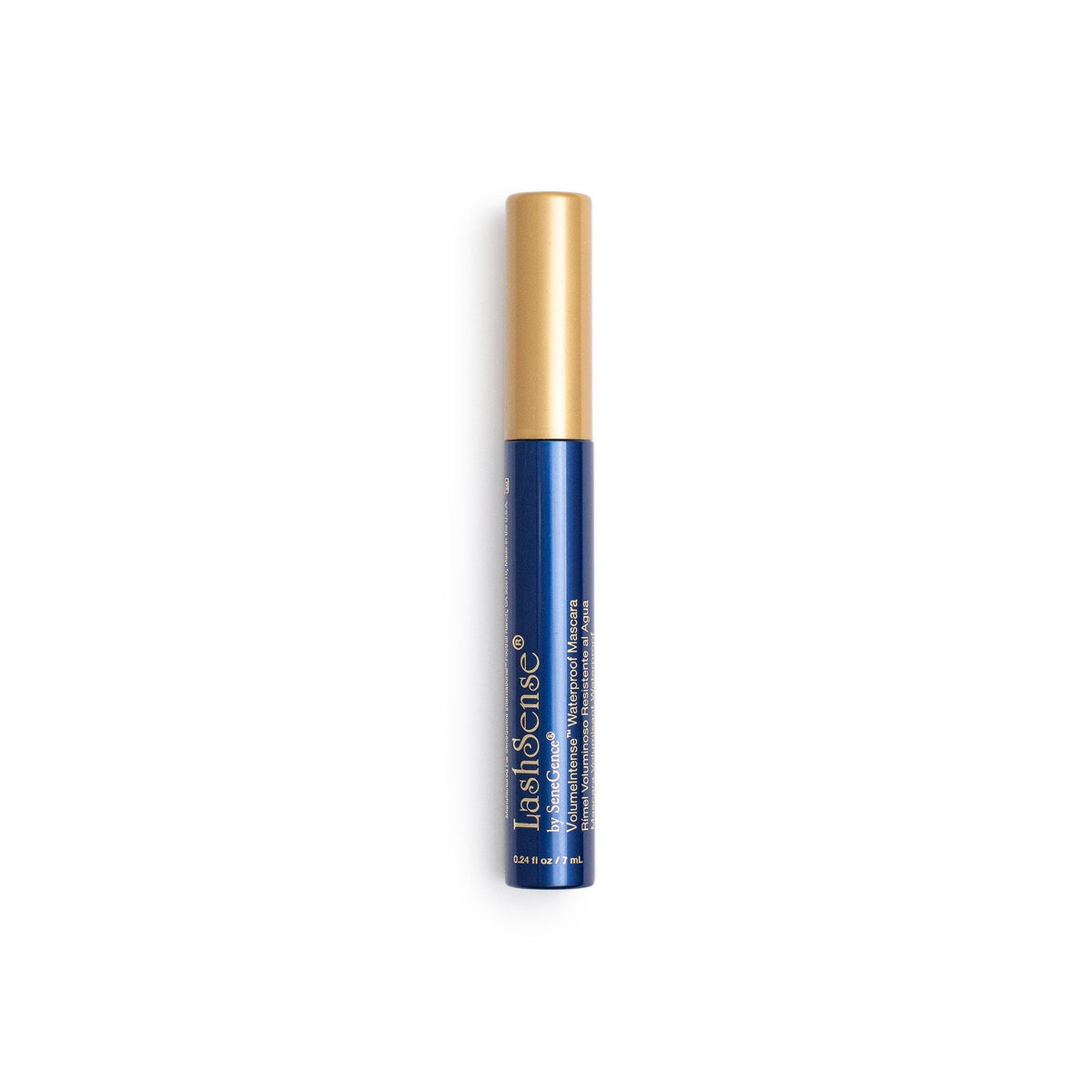 A dark blue mascara tube with a gold cap, LashSense® VolumeIntense® Waterproof Mascara.