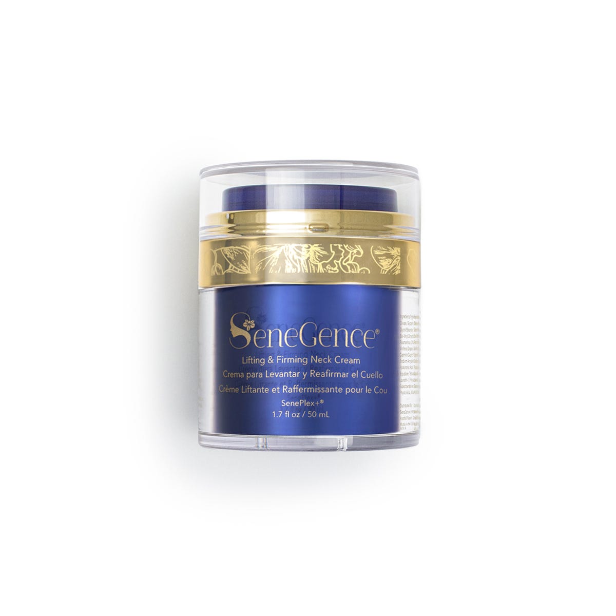 A blue-and-gold cream jar with a clear outer cover, Lifting & Firming Neck Cream.