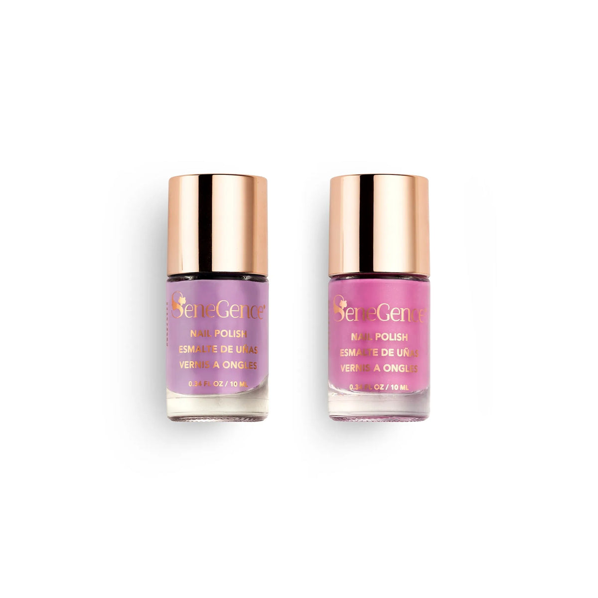 A pair of nail-polish bottles, one soft lilac and one orchid pink, each with a rose-gold cap and rose-gold lettering, Lilac in Love & Pink Perfection Duo.