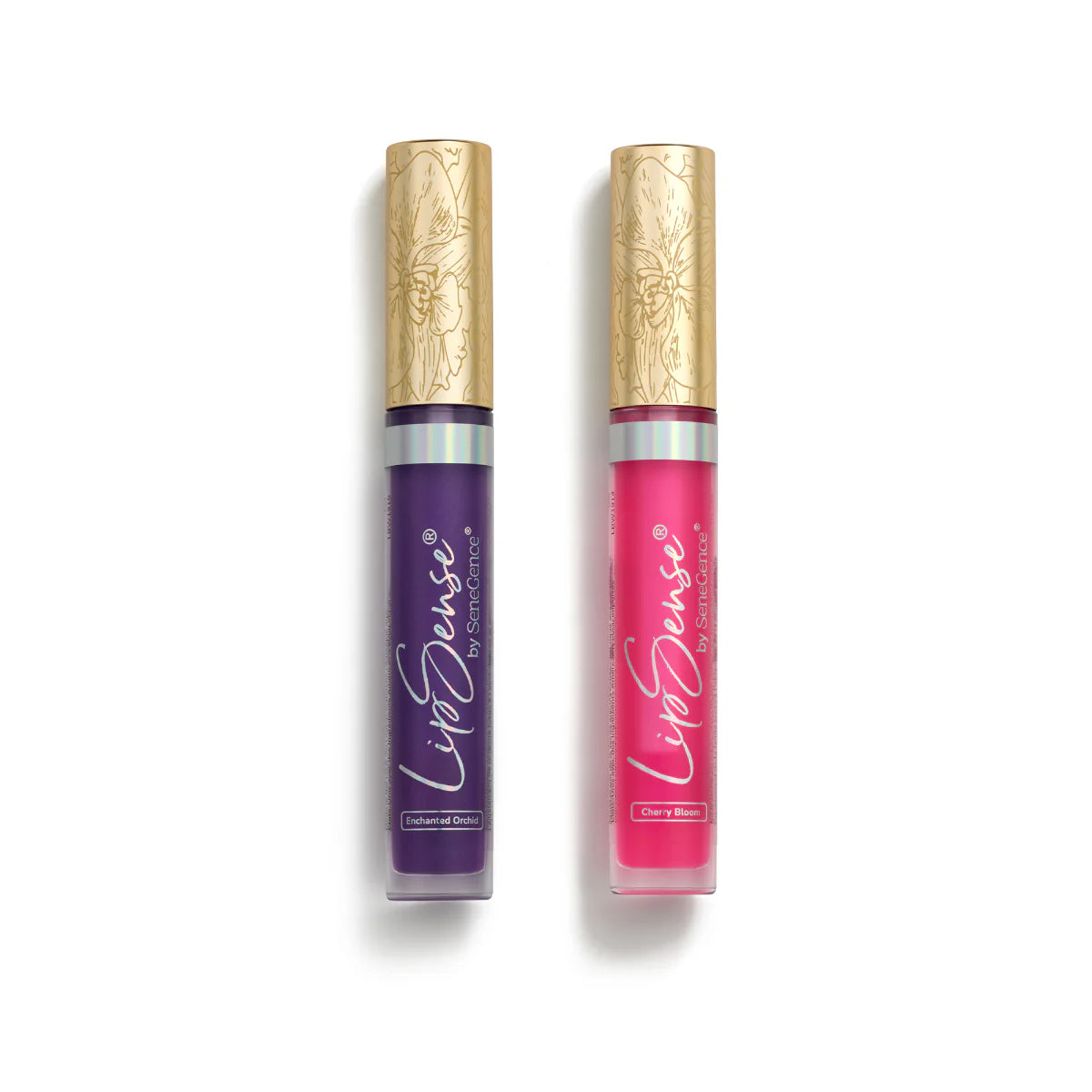A pair of purple and pink tint tubes with gold caps, LipSense Bloom & Plush PH Glossy Tint Duo.