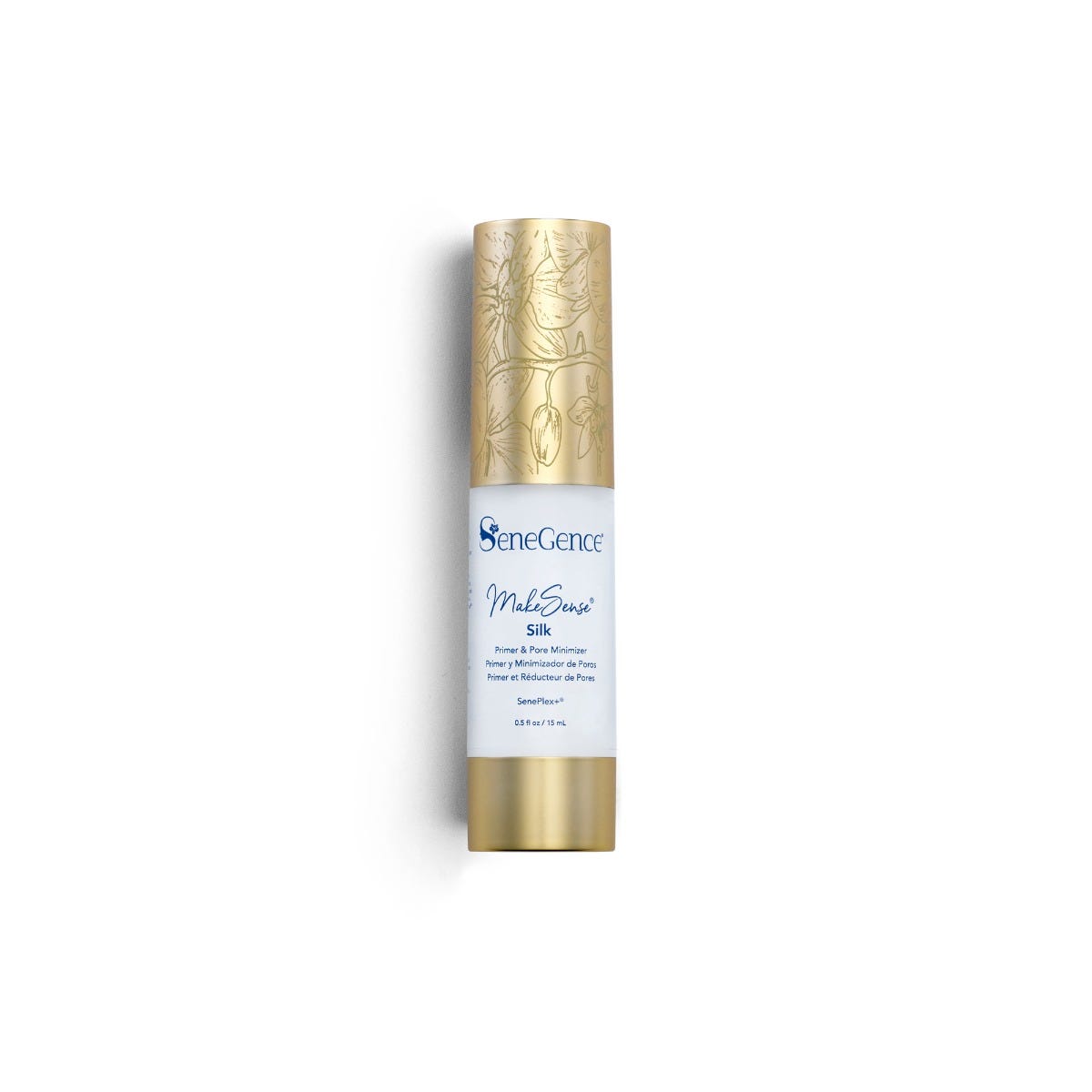 A slim white airless bottle with navy-blue label text, a tall gold cap printed with an orchid line illustration and a plain gold base, MakeSense® Silk Primer & Pore Minimizer.