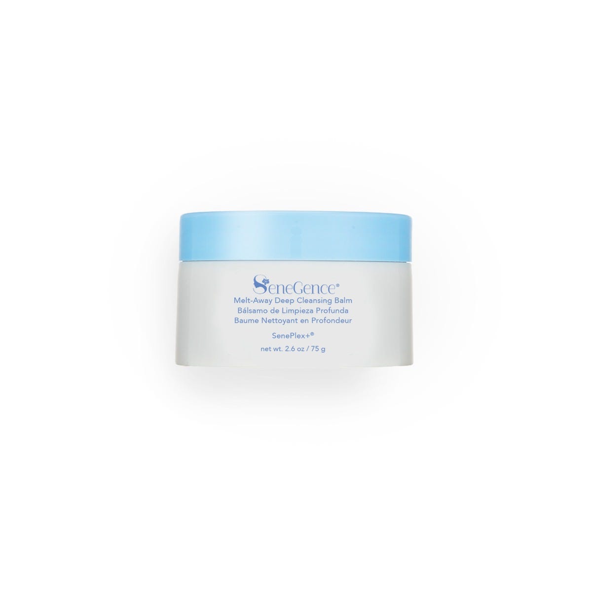 A white balm jar with a pale blue lid, Melt-Away Deep Cleansing Balm.