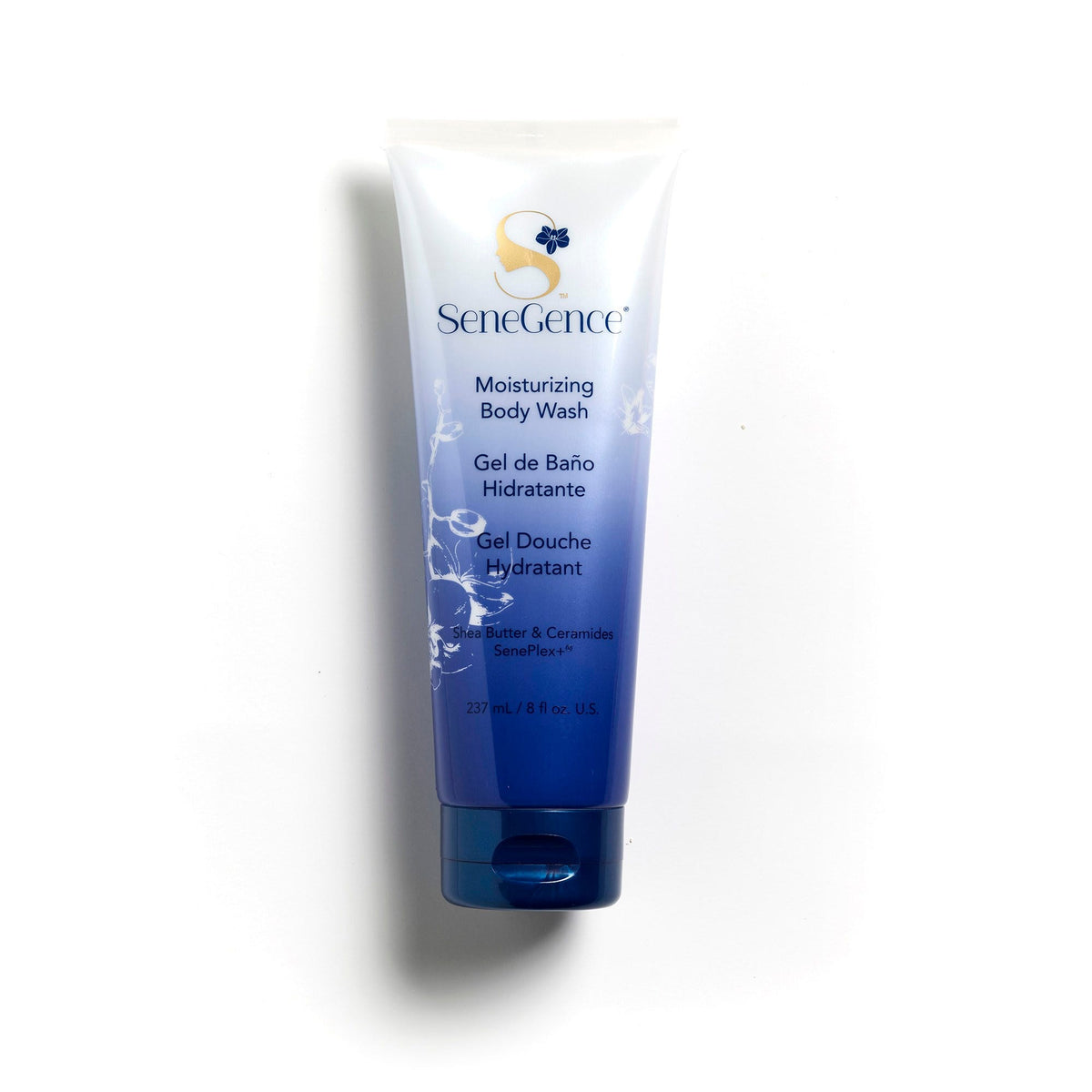 A white-to-blue body-wash tube with a blue flip cap, Moisturizing Body Wash.