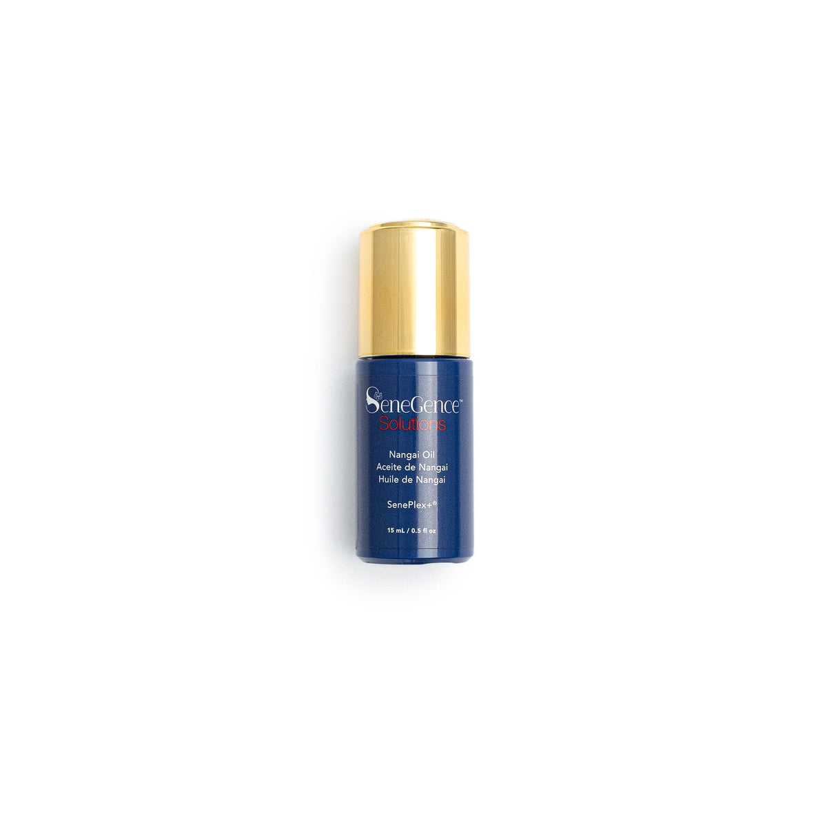 A blue oil bottle with a gold cap, Nangai Oil.
