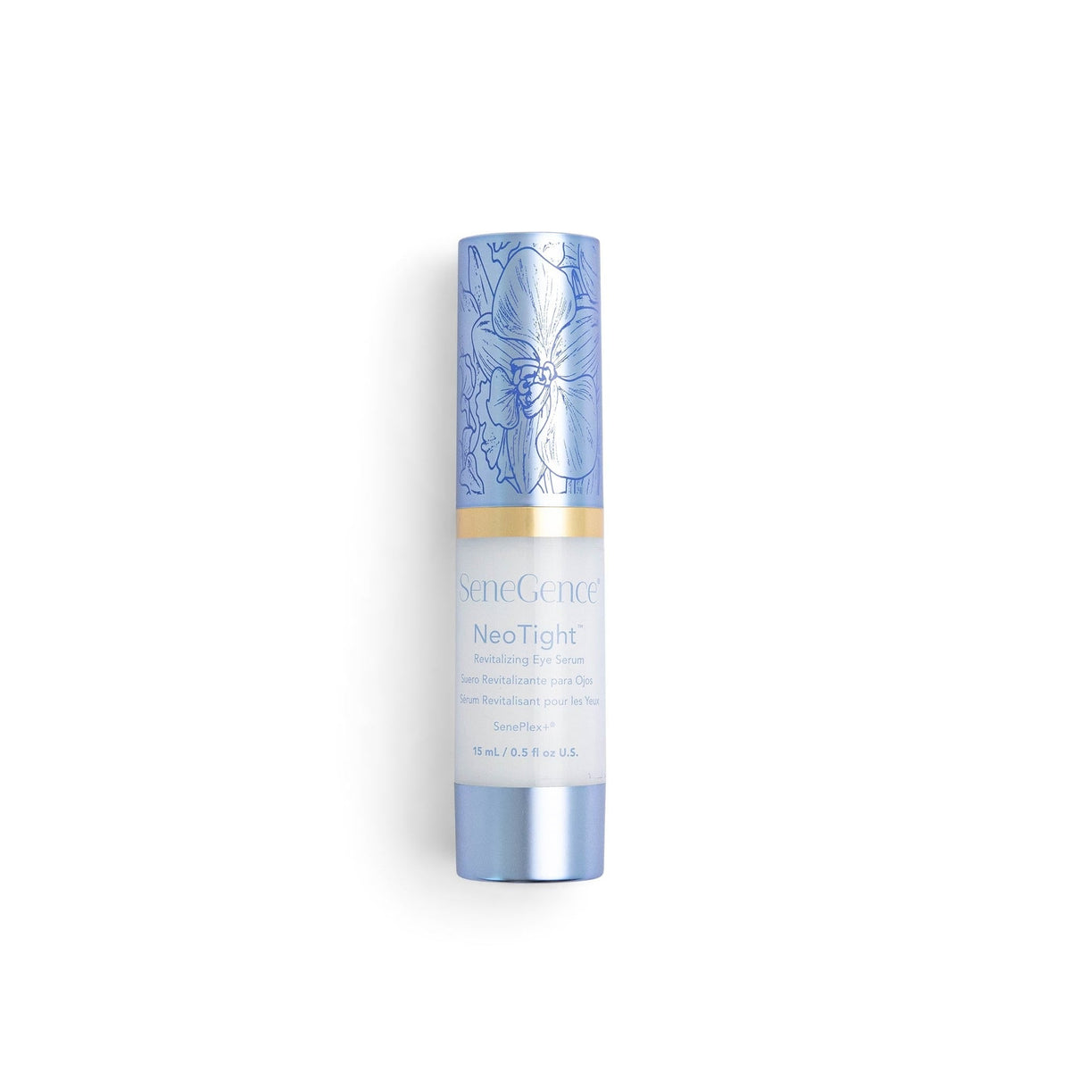 A small pale blue-and-white eye-serum bottle with a blue orchid-decorated cap, NeoTight™ Eye Serum.