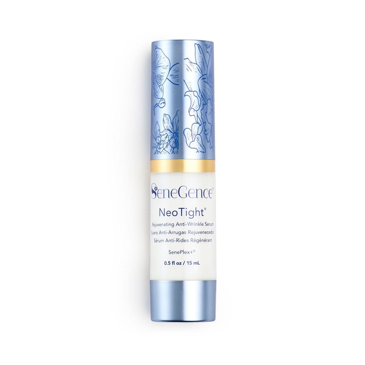 A pale blue-and-white serum bottle with a blue orchid-decorated cap, NeoTight® Rejuvenating Anti-Wrinkle Serum.