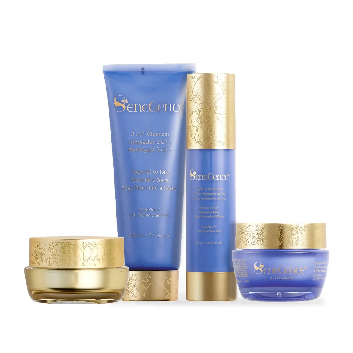 A skincare set with a periwinkle cleanser tube and bottle beside two gold-lidded jars, Normal-Dry SkinCare Regimen Set.
