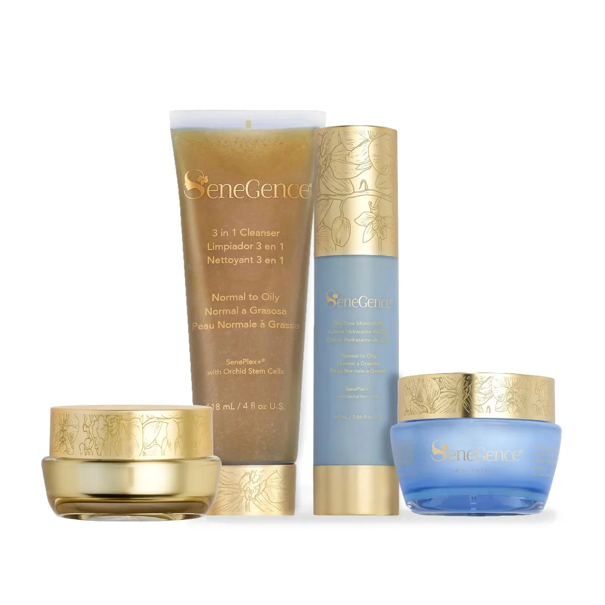 A skincare set with a gold-toned cleanser tube, pale blue bottle and two gold-lidded jars, Normal-Oily SkinCare Regimen Set.