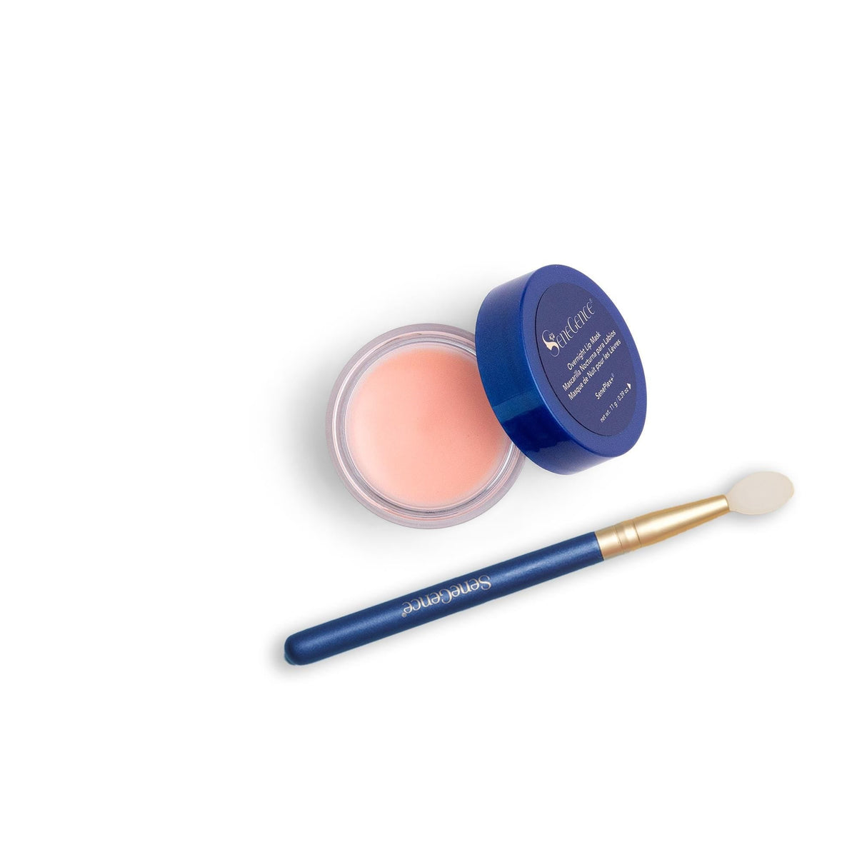 An open pink lip-mask pot with a blue lid beside a blue-and-gold applicator, Overnight Lip Mask with Applicator.