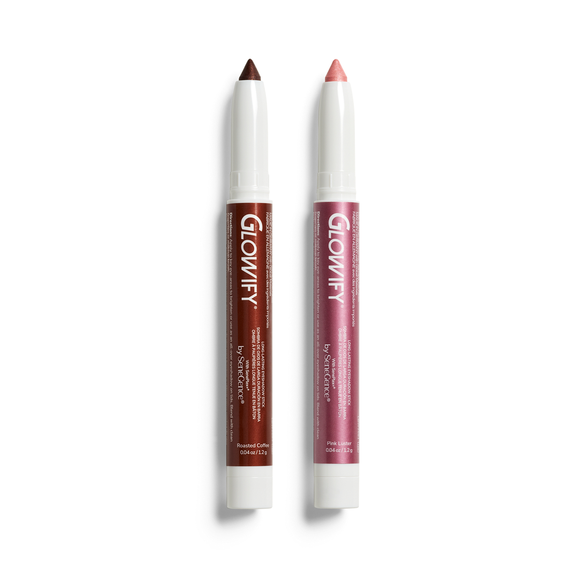 A pair of brown and mauve eyeshadow sticks with white ends, Pink Mocha Glowify Eyeshadow Stick Duo.