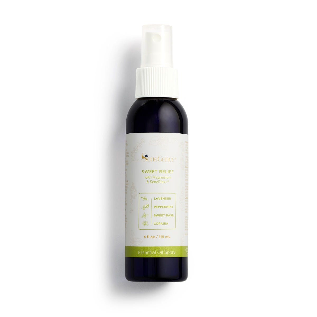 A dark spray bottle with a white spray top and green-accented label, Sweet Relief Spray with Magnesium & SenePlex+®.