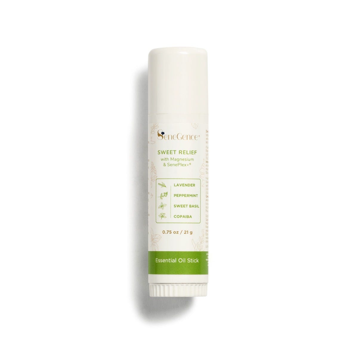 A cream stick with a green-accented label, Sweet Relief Stick with Magnesium & SenePlex+®.