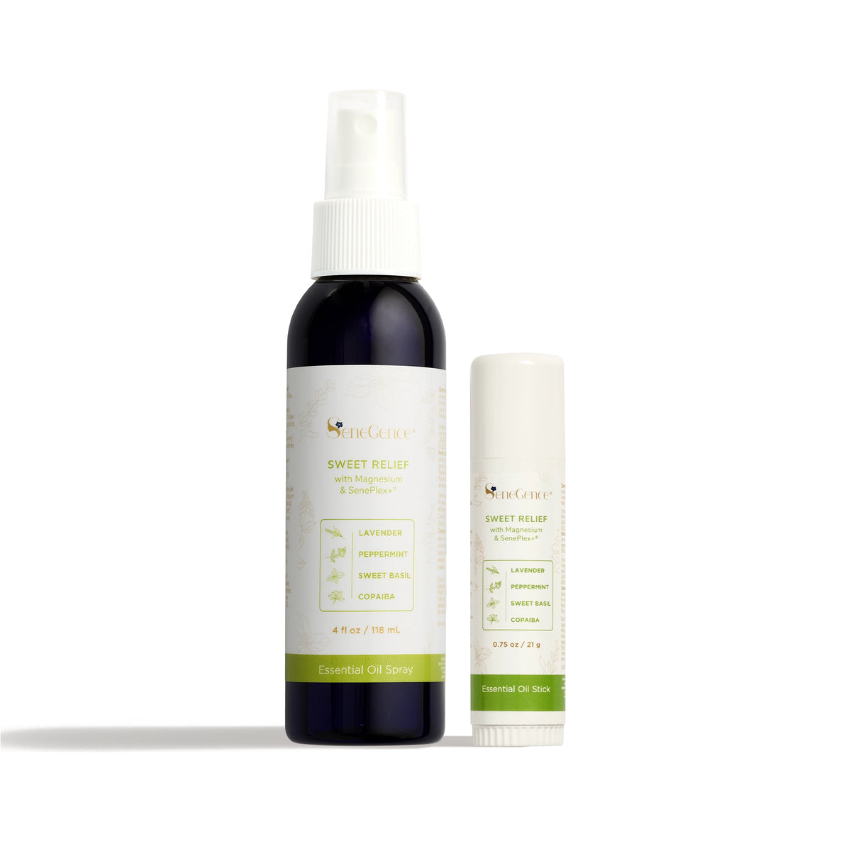 A dark spray bottle and a cream stick with green-accented labels, Sweet Relief Wellness Duo.