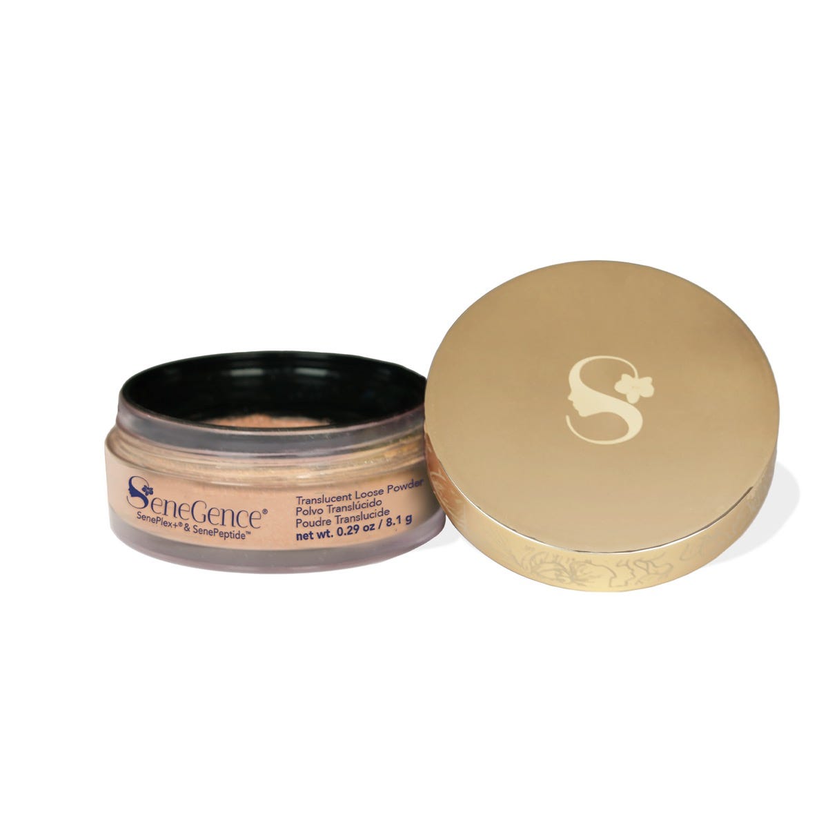 An open loose-powder jar beside a gold lid bearing the SeneGence emblem, Translucent Loose Powder.
