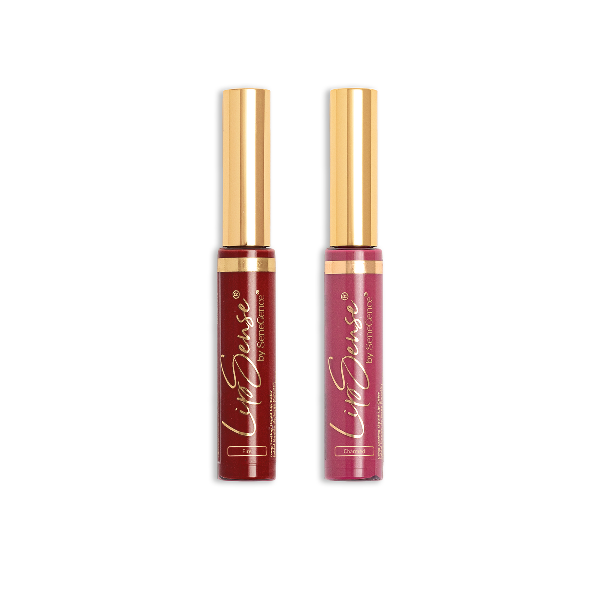 A pair of deep red and pink lip-color tubes with gold caps, Vibe Check Duo LipSense® Lip Color.